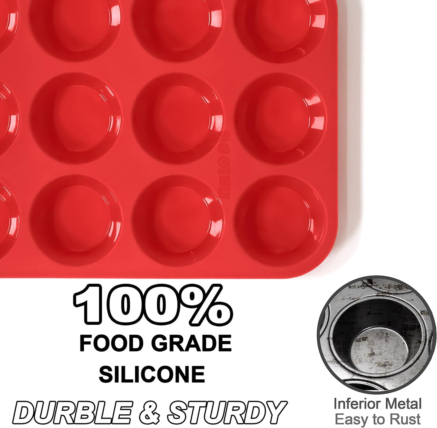 Anaeat Silicone Muffin Pan Set - Regular 12 Cups & Mini 24 Cups Cupcake Baking Molds with Flexible & Non-Sticky, Just Pop Out for Making Muffin Cakes, Cupcake, Chocolate,Tart and Desserts (2 Pack)