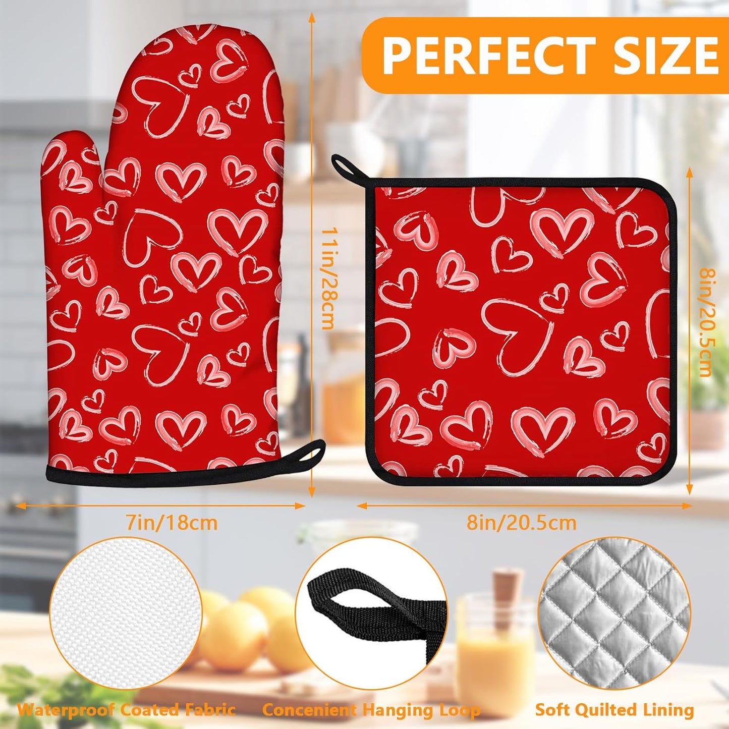 White Love Hearts Oven Mitts and Pot Holders Sets 4Pcs,Extra Long Oven Gloves Potholder for Kitchen Cooking Baking BBQ 100% Cotton Heat Resistant