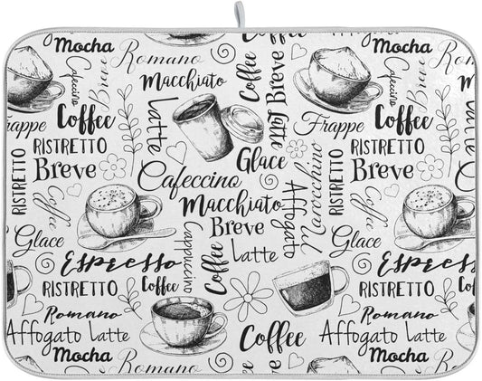 Coffee Cups Print Dish Drying Mat for Kitchen Counter Absorbent Microfiber Drying Pad, Medium 16x18 in, Reversible Drainer Mats