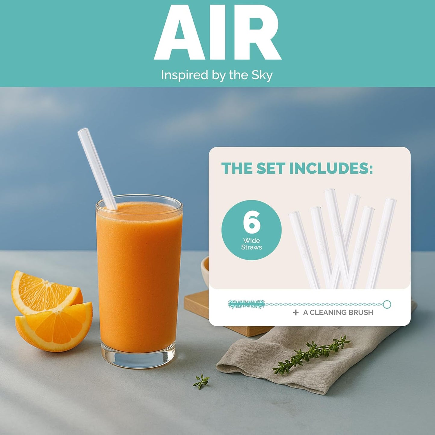 Simply Straws Wide Glass Straws (6-Pack) - 10in x 12mm Reusable Glass Smoothie Straws for Milkshakes, Juices & Slushies, with Cleaning Brush - Dishwasher Safe, Hot & Cold Use, BPA-Free (Air)