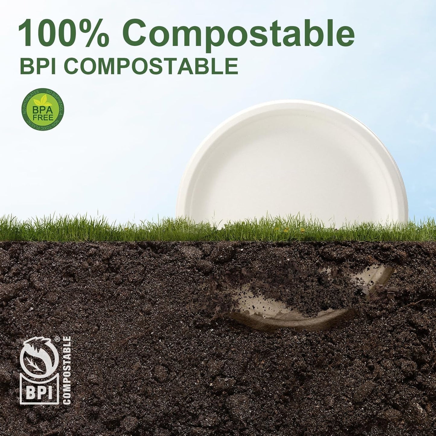WELLIFE 100% Compostable Paper Plates 9 Inch, 125-Pack Heavy Duty Paper Plates Bulk,Biodegradable Bagasse,Eco-Friendly Disposable Dinner Plate for BBQ,Picnic,Party (BPI Certified,Microwaveable)