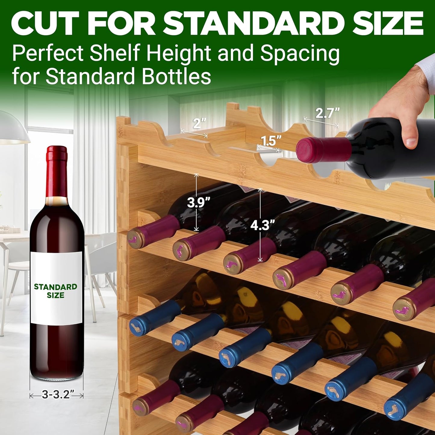 NutriChef Bamboo Stackable Wine Rack, 12-Tier 108 Bottle Capacity Free Standing Floor, No Tools Assembly, Modular Storage Display Shelf for Kitchen and Cellar 33.5" x 10" x 62.75"