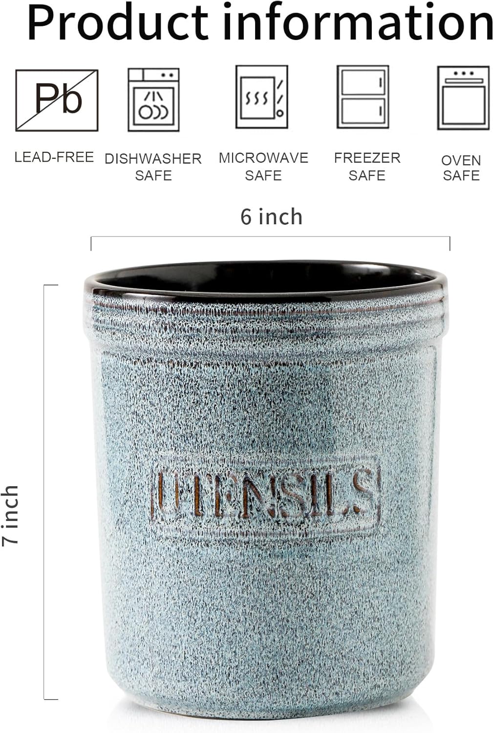 HVH Kitchen Utensil Holder for Countertop, 6 x 7 inch Large Utensil Holder, Ceramic Utensil Crock, Farmhouse Kitchen Décor, Deep and Heavy (Wabi sabi)