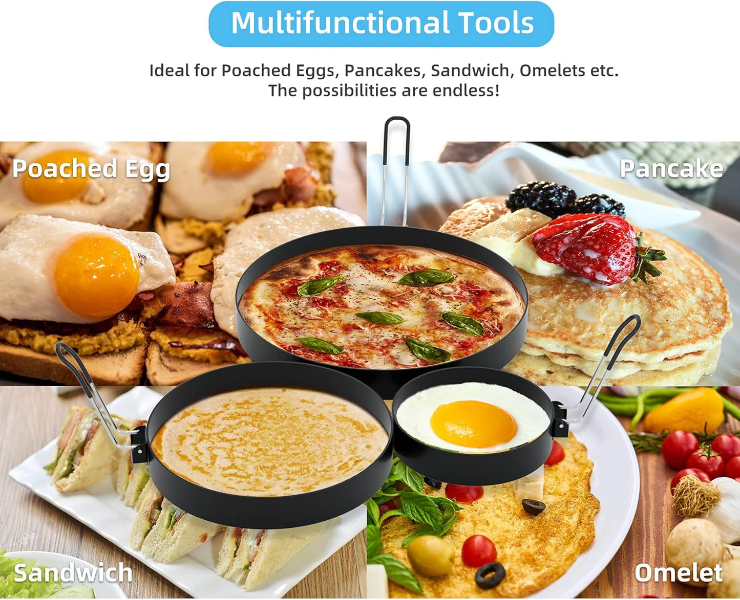 8" Omelet Ring, 6" Pancake Ring, 3.5" Egg Ring for Griddle Frying Eggs (Upgrade Large 3 Pack Stainless Steel Non Stick Round Cooking Rings Molds with Oil Brush and Egg Separator)