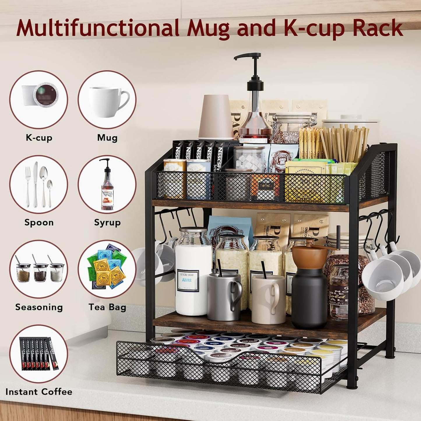 Coffee Bar Organizer - Countertop Coffee Station, 42 K Cup holder Storage Basket with Drawer and Hooks for Syrup, Cups, Stirrer, Condiment, Tea Organizer, Black and Brown