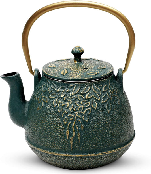 Tea Kettle, TOPTIER Japanese Cast Iron Teapot with Infuser, Leaf Design Cast Iron Tea Pot Stovetop Safe Coated with Enameled Interior for 40 Ounce (1200 ml), Dark Green