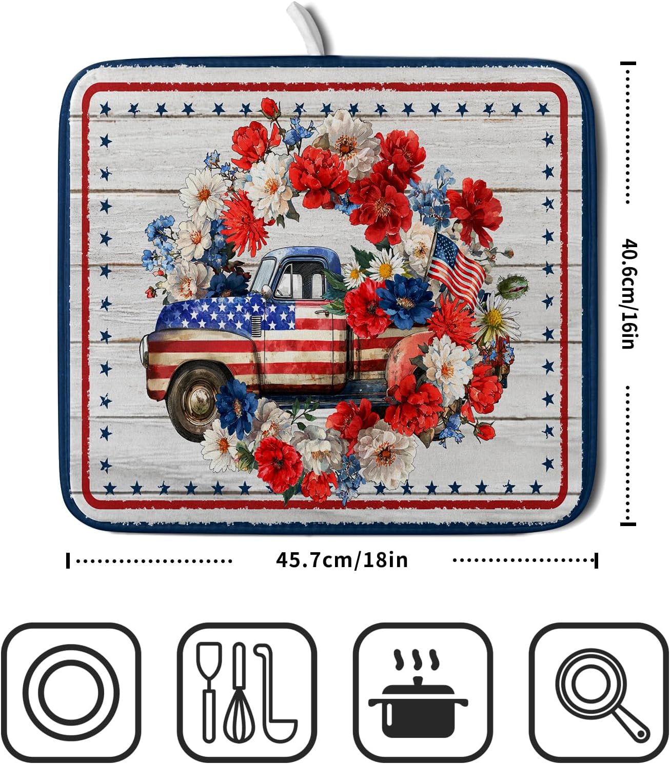 American Flag Dish Drainer Mat Flowers Absorbent Dish Rack Pad for Kitchen Coffee Bar Sinks
