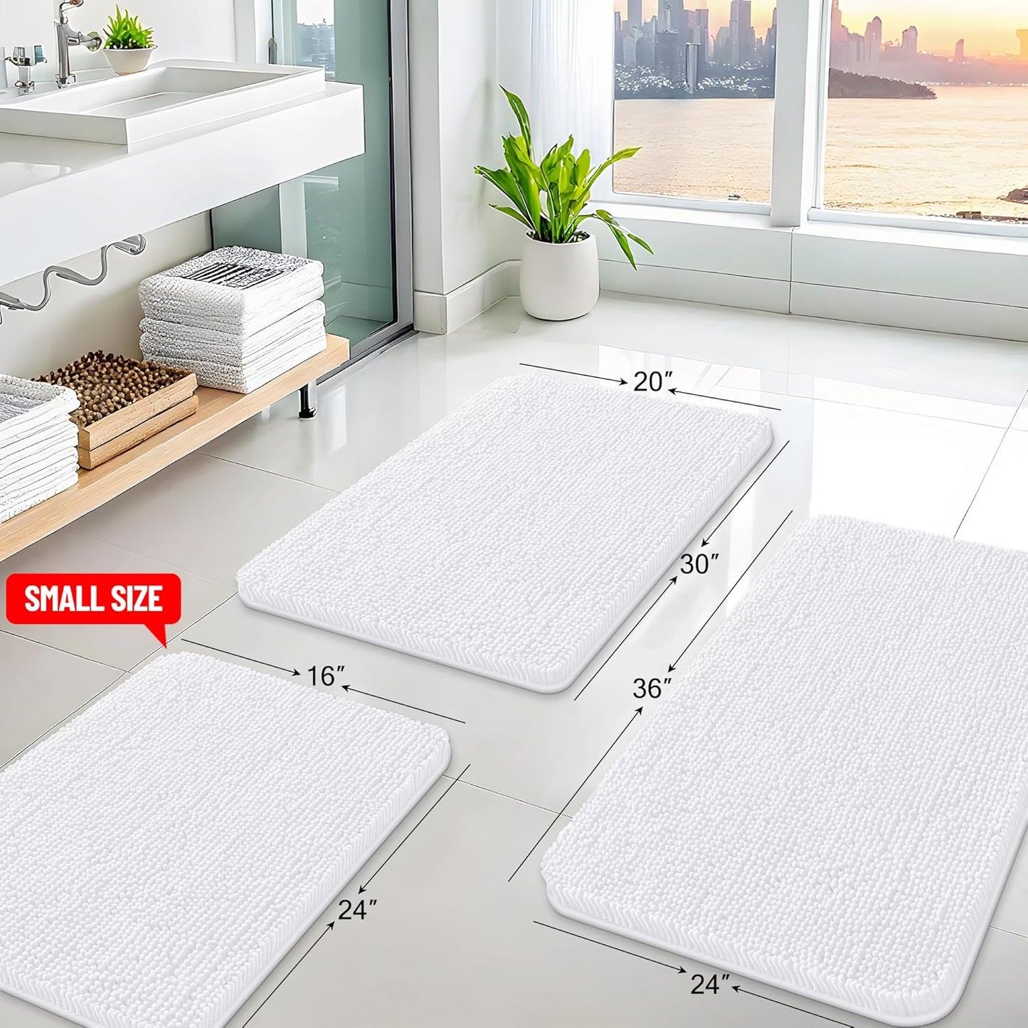 Arotive Bathroom Rugs 47x24, Extra Soft Absorbent Shaggy Chenille Bath Rugs, Machine Washable Rubber Backing Non-Slip Bath Mats for Bathroom Floor Tub and Shower, Home Decor Accessories, White
