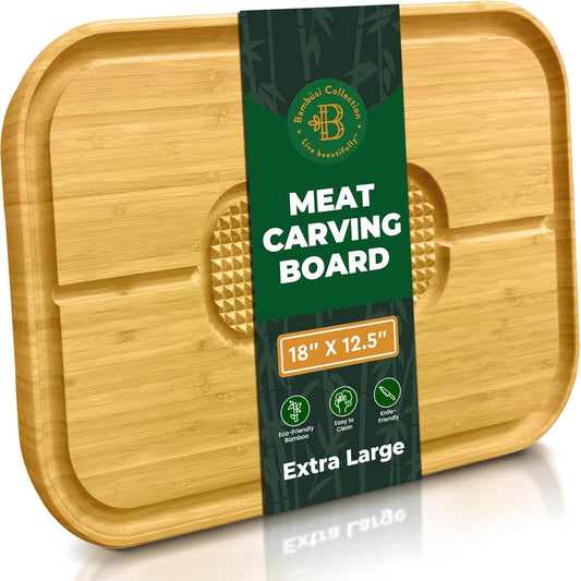 Meat Cutting Board for BBQ & Grilling - Spikes to Stabilize Meat & Juice Groove - Heavy Duty Bamboo Carving Board with Reversible Steak Tray - Great Gift