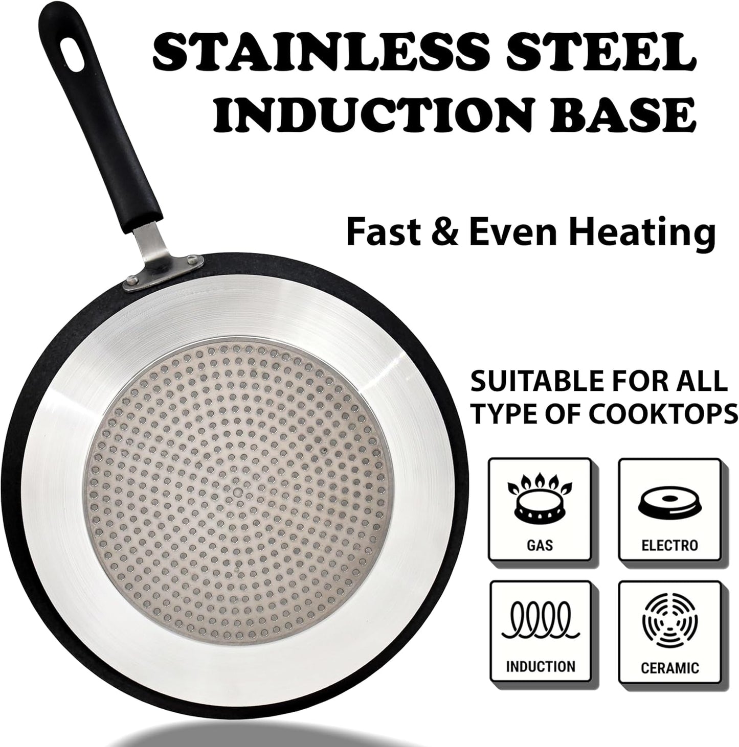 Aluminum Nonstick Crepe Pan, 12” Non Stick Skillet Pan for Egg Omelet Tortilla Tawa Dosa, Flat Frying Pan, Induction Compatible PFOA & PTFEs Free, Suitable for Gas Stovetop and Induction Base Cookware
