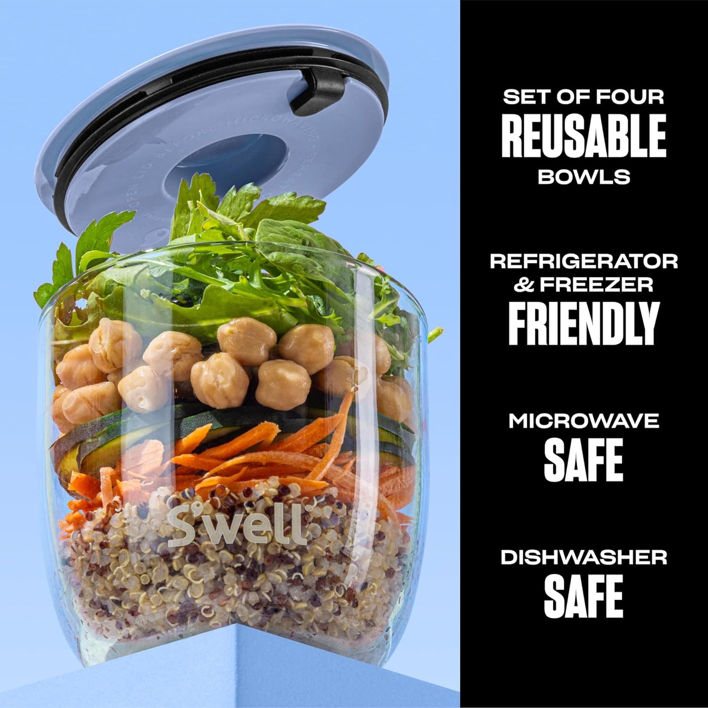 S'well 16oz Glass Prep Bowl Set of 4 For Easy Meal Prep, Coastal Blues, Made From Durable Tempered Glass