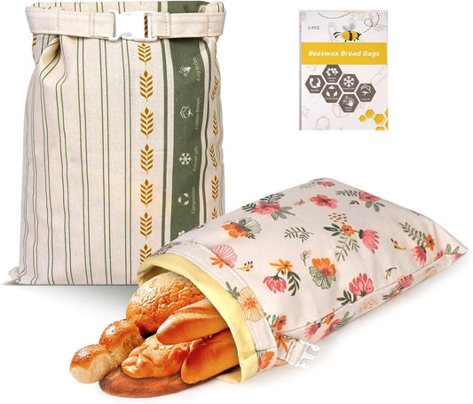 2 Pack Cotton Beeswax Bread Bags - Large Reusable Cotton Linen Food Storage Covers for Sourdough & Homemade Bread, Waxed Bags Keep Bread Fresh, Proofing Bag Freezer-Safe, Easy Clean