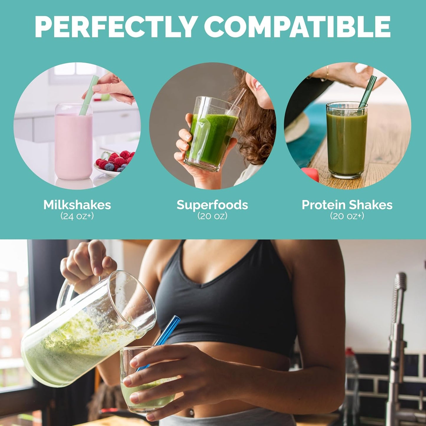 Simply Straws Wide Glass Straws (6-Pack) - 10in x 12mm Reusable Glass Smoothie Straws for Milkshakes, Juices & Slushies, with Cleaning Brush - Dishwasher Safe, Hot & Cold Use, BPA-Free (Fjord Mist)