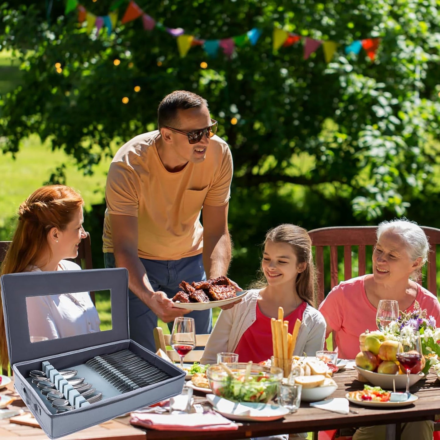 Zippered Silverware Storage Box, with Felt Lined and Clear Lid, Gray Fabric Chest Case for Storage and Organizing Utensils, Silverware, Flatware, Cutlery, Large Containers(No Cutlery Included)