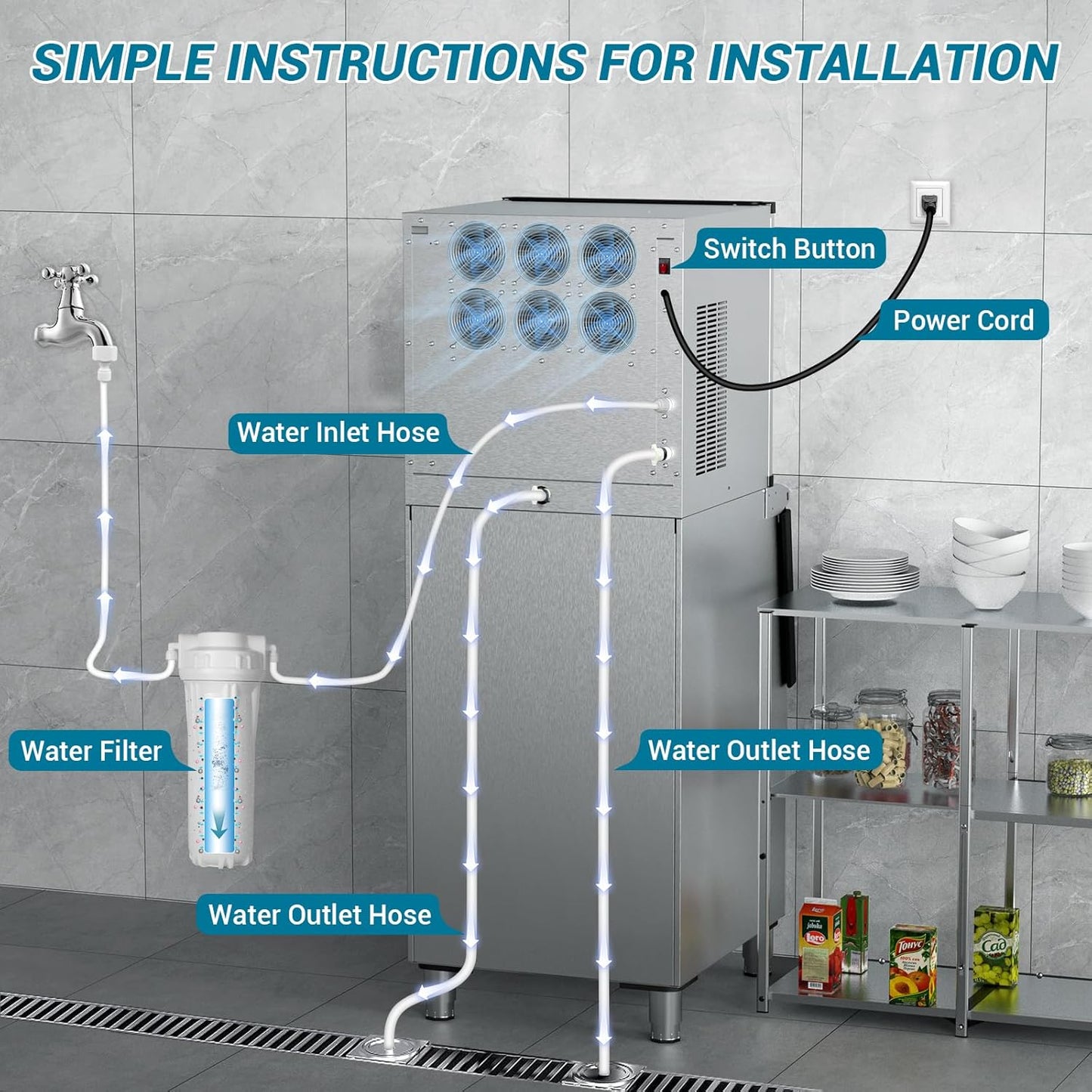 High-Performance Commercial Ice Maker Machine: 500lbs/24H Production, 350lbs Storage, 156 Ice Cubes in 6-15 Mins - Stainless Steel Industrial Ice Maker for Restaurant, Bar, Cafe, Commercial Use