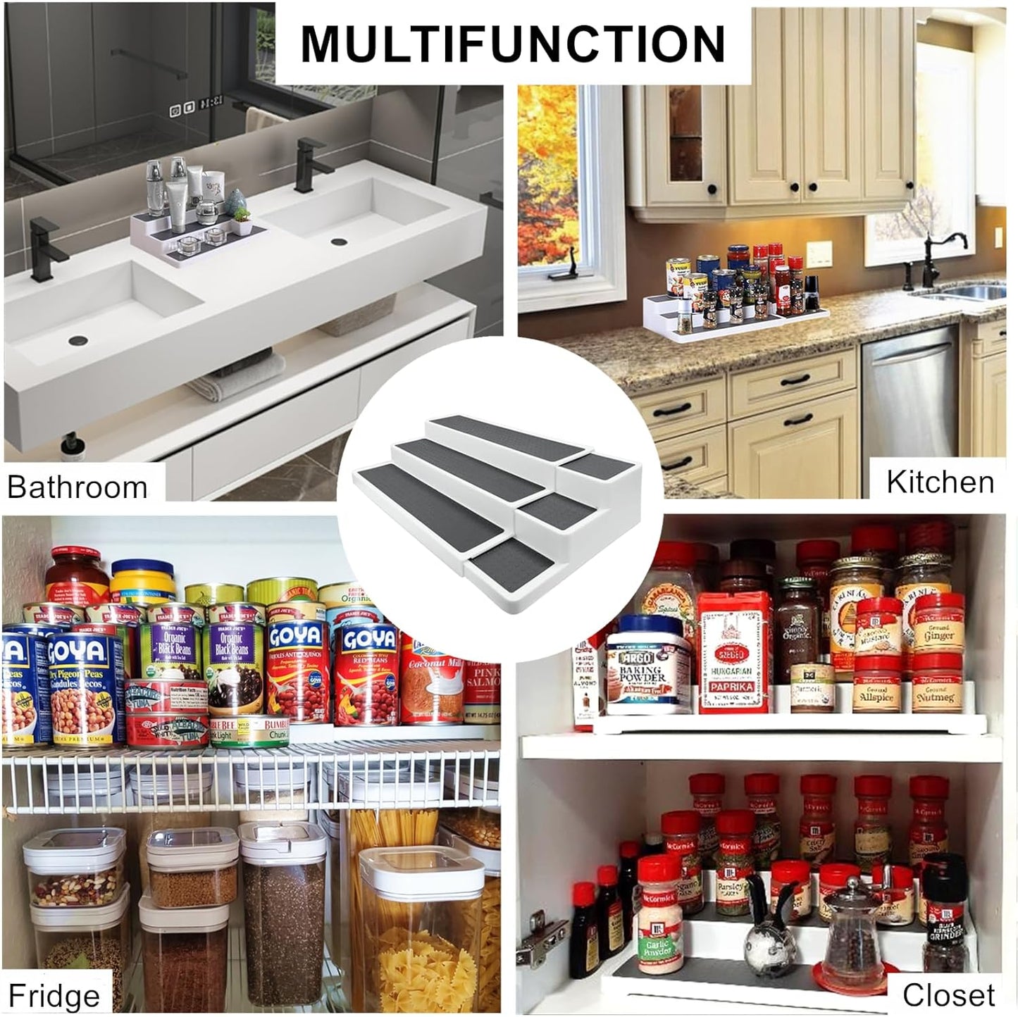 3 Tier Expandable Spice Rack Organizer, Plastic Spice Rack, Adjustable Length 14.6In-25.8In, Non-Skid Tiered Spice Shelf Organizer for Kitchen Cabinet, Cupboard, Pantry, White/Grey