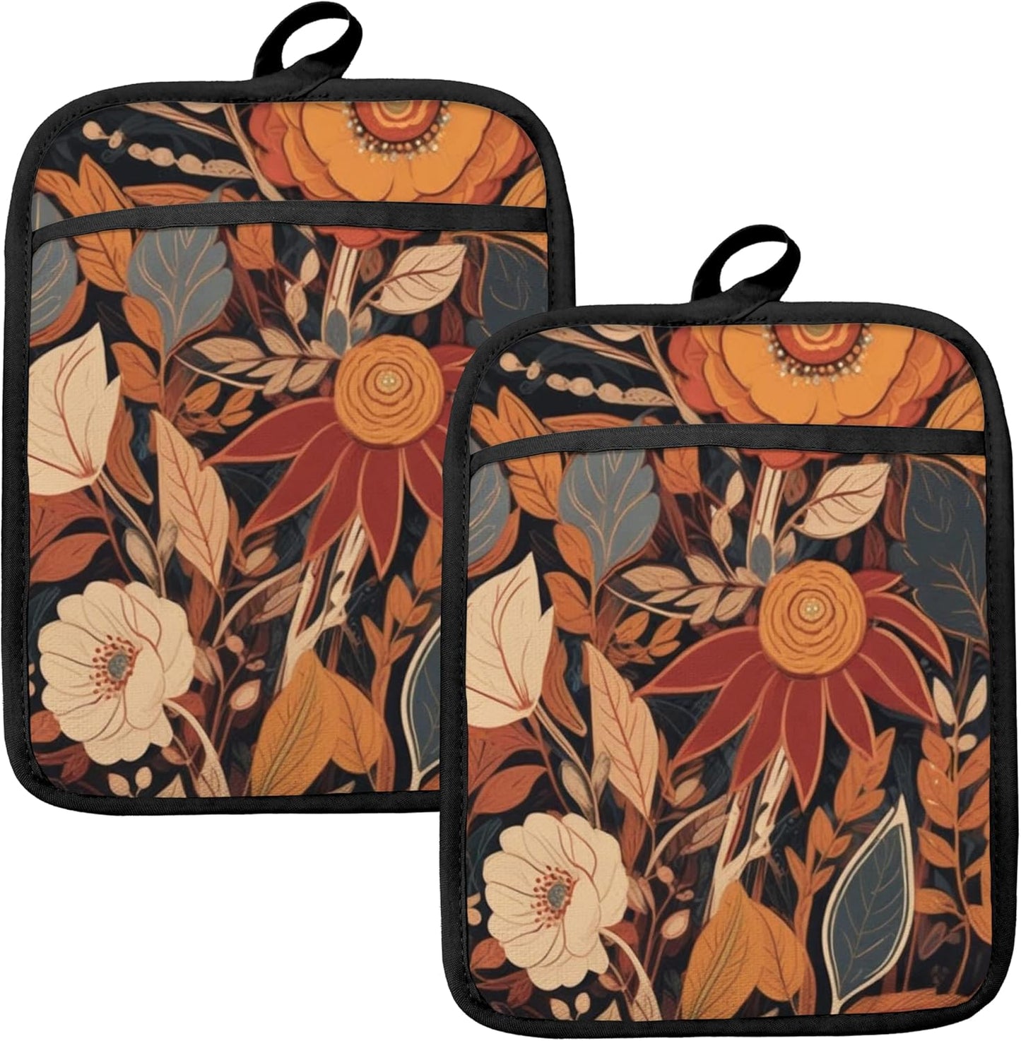 Boho Vintage Floral Pot Holders for Kitchen, Mid Century Modern Boho Flower Botanical Heat Resistant Hot Pads and Oven Mitts for Baking Cooking