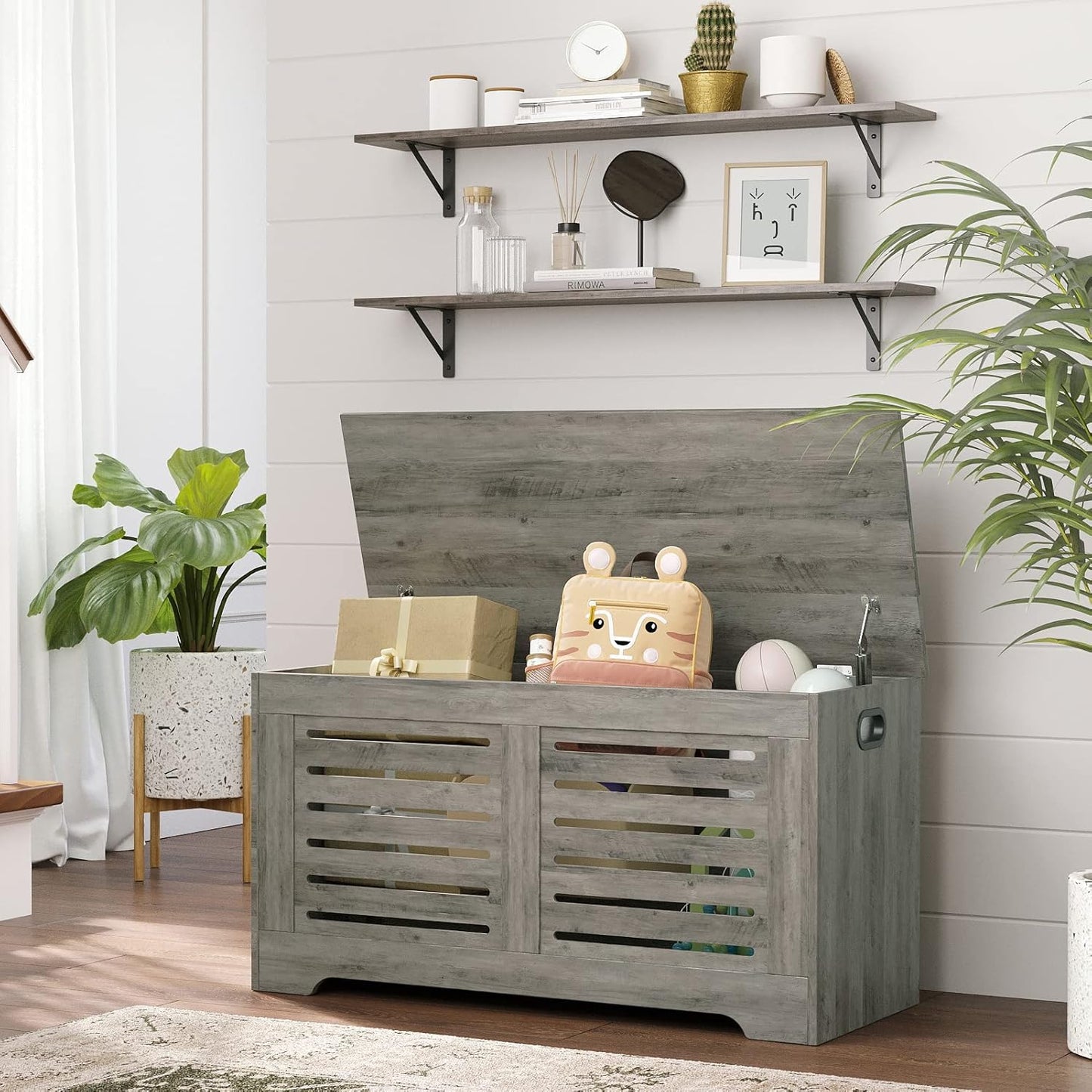 DINZI LVJ Long Wall Shelves, 39.4Inch Wall Mounted Shelves Set of 2, Easy-to-Install, Wall Storage Ledges with Sturdy Metal Brackets for Living Room, Bathroom, Bedroom, Kitchen, Grey Wash