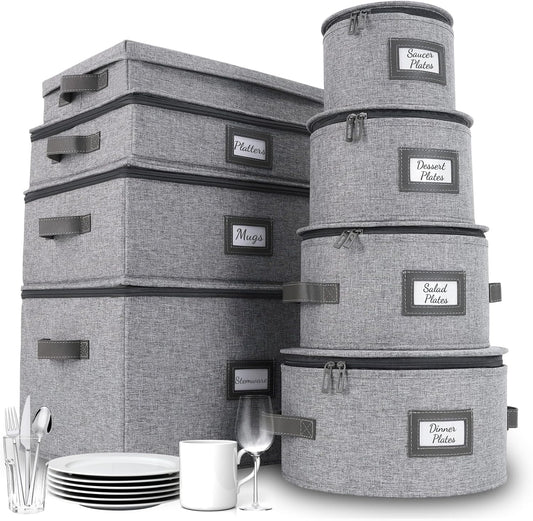 HOMELUX THEORY Hard Shell China Storage Containers, 8pc Light Gray Mug & Plate Storage Box, Kitchen Storage Bins With Lids, Heavy Duty Moving Box with Handles for Dishes, Silverware, Cup & Mug