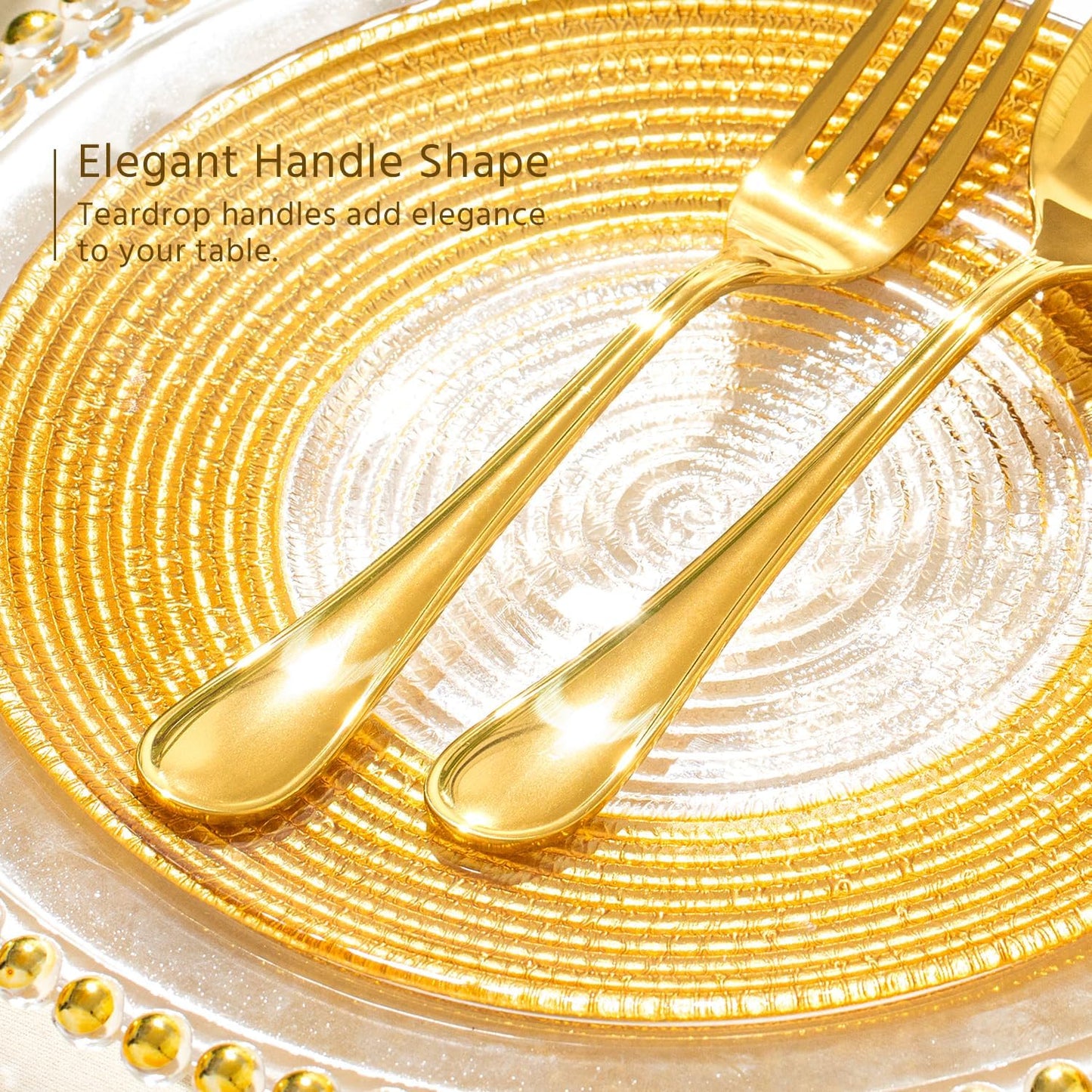 KINGSTONE 60 Piece Teardrop Silverware Set for 12, 18/10 Stainless Steel Flatware Set, Modern Design Cutlery Set for Home/Hotel/Wedding,Mirror Polished and Dishwasher Safe, Gold