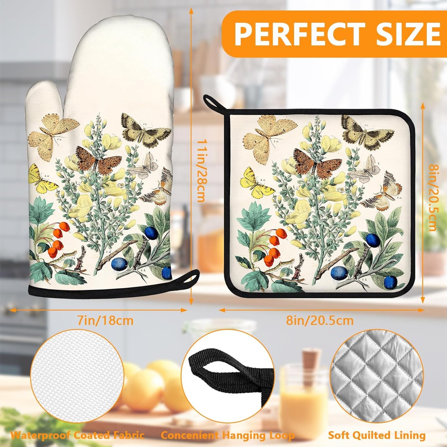 Wildflowers Butterfly Oven Mitts and Pot Holders Sets 4Pcs,Extra Long Oven Gloves Potholder for Kitchen Cooking Baking BBQ 100% Cotton Heat Resistant