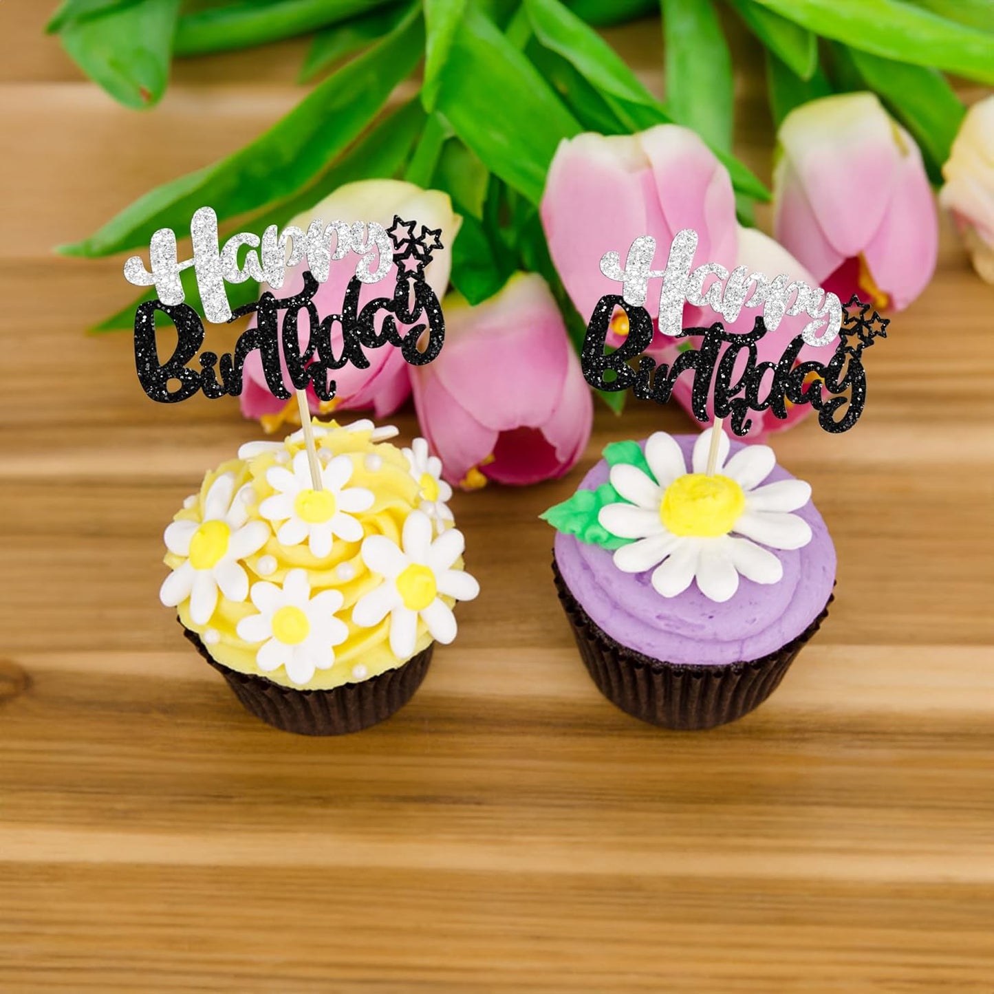 Ephlyn 24Pcs Happy Birthday Cupcake Toppers - Black Silver Glitter - Double Layer - Perfect for Birthday, Baby Shower & Anniversary Parties