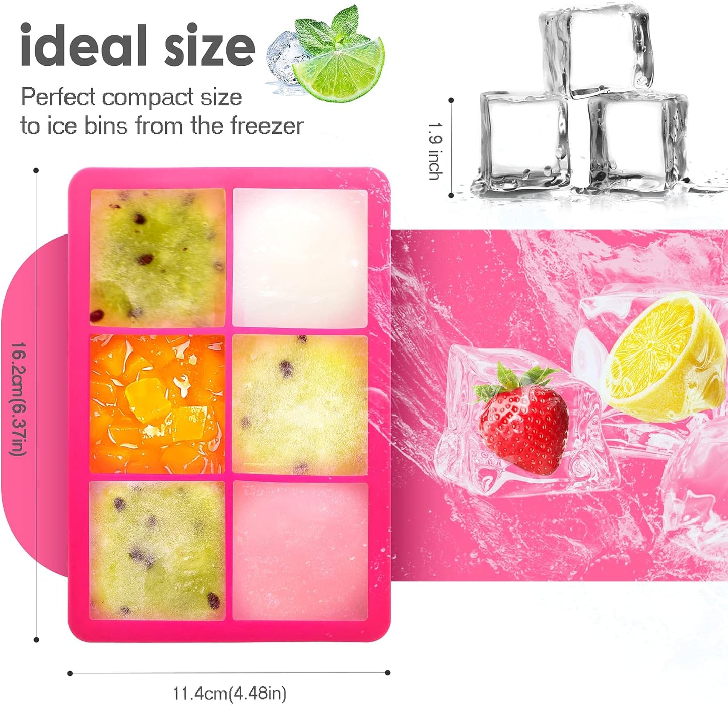 Silicone Ice Cube Trays with Lids,Large Square Ice Cube Molds for Freezer, Whiskey, Cocktail, Stackable Flexible and Reusable & Easy Release BPA Free (2 Pack&Dark Gray and Rose)