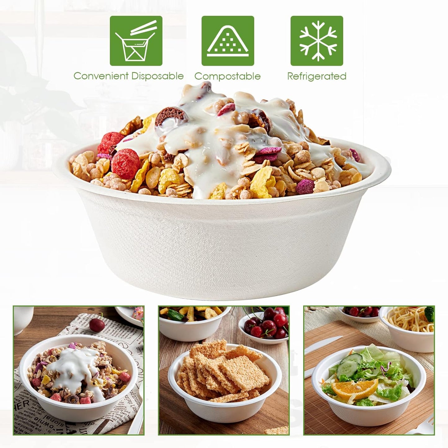 Vplus 180 Pack 16 OZ Paper Bowls, Disposable Compostable Bulk, Eco-friendly Bagasse, Heavy-duty Bowls Perfect for Milk Cereals, Snacks, Salads