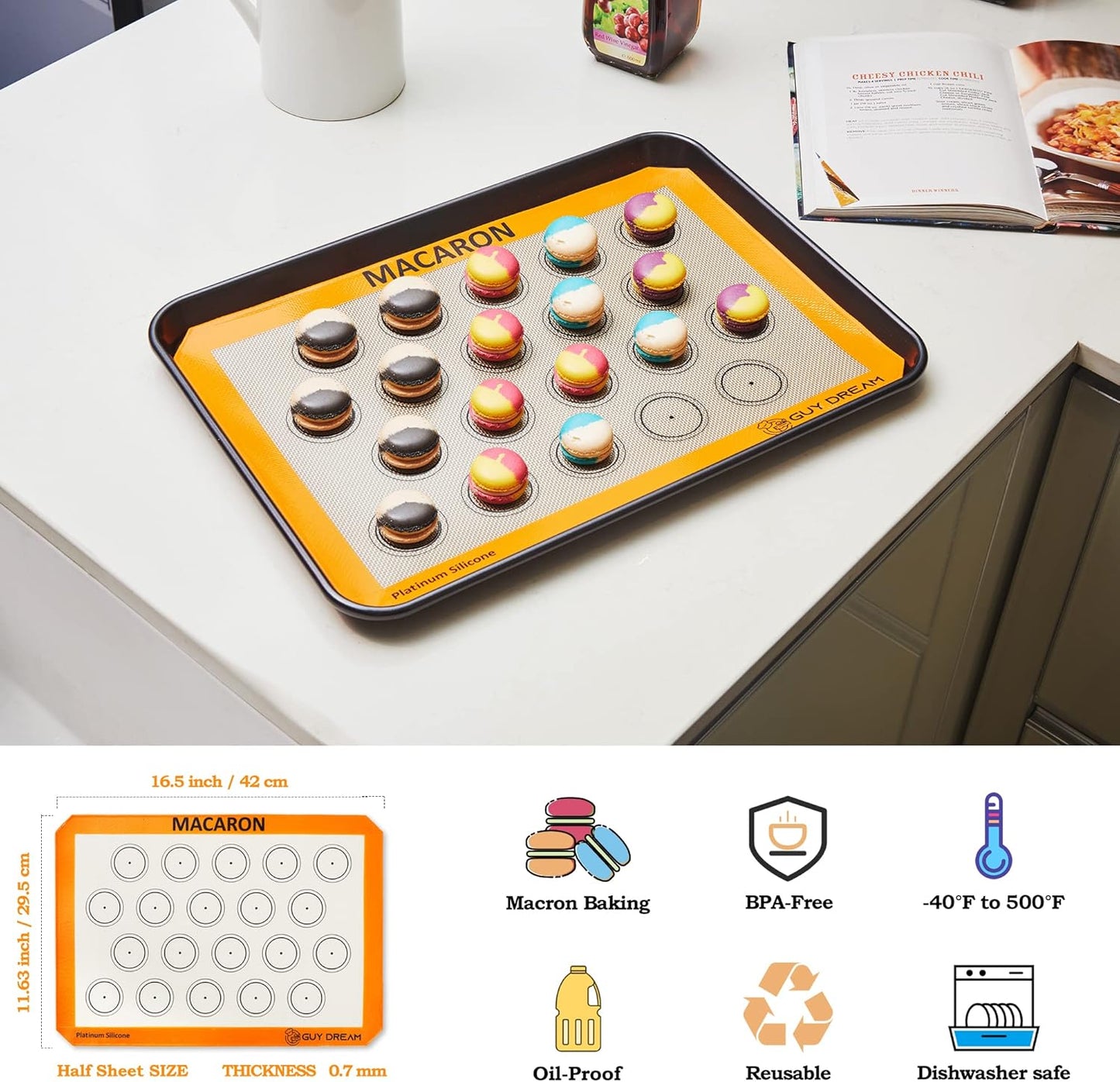GUY DREAM All-in-One Silicone Baking Mat Set - Kneading Mat, Cookie & Macaron Half Sheet Mat, 1/4 Sheet Mat, Square & Round Cake Mats, Artisan Bread Mat - Ideal Gift for Baking