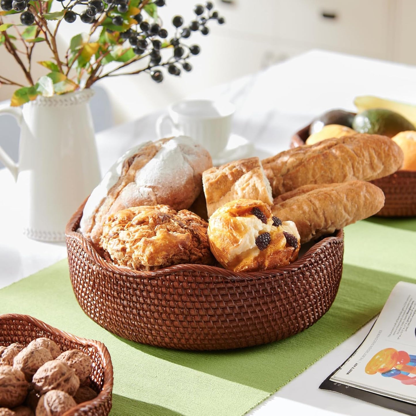 YANGQIHOME Rattan Round Fruit Baskets, Wicker Storage Bowls, Natural Woven Serving Basket Bowls, Decorative Baskets for Kitchen Counter Organizing, Brown, Set of 3