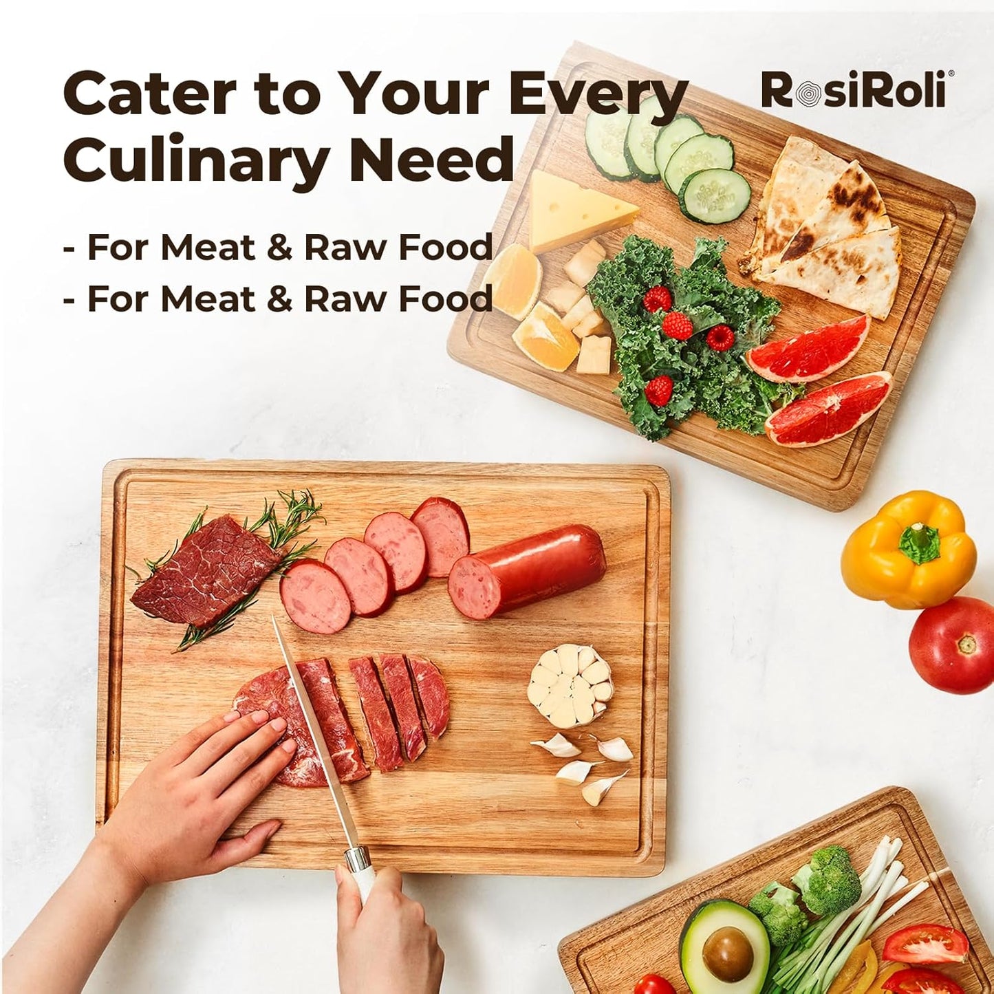 Acacia Wood Cutting Board for Kitchen, 3 Set with Holder - FSC Certified Large Wood Charcuterie Cheese Board with Handles and Juice Grooves, Wooden Chopping Block, Ideal Gift Set of 3 (S/M/L)