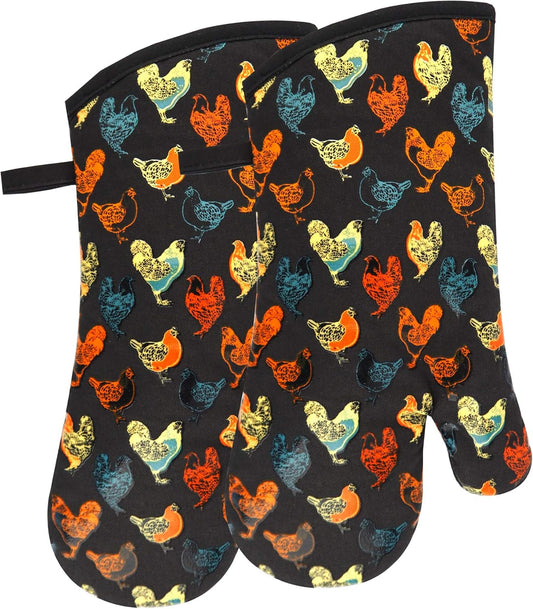 Oven Mitts Gloves 1 Pair Heat Resistant 480 ℉ Non Slip Clear Silicone Printed Rooster Comfortable Cotton Lining Kitchen Men Cooking Barbecue Machine Washable (Rooster, Black Mittens)