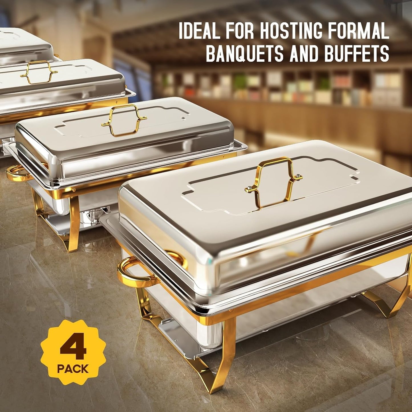 Chafing Dishes for Buffet 4 Pack, [Elegant Gold and Silver] Stainless Steel Chafing Dish Buffet Set, 9QT No-Finger Cut Roll Edge Chafers and Buffet Warmers Sets for Party (Gold Full Panx4)