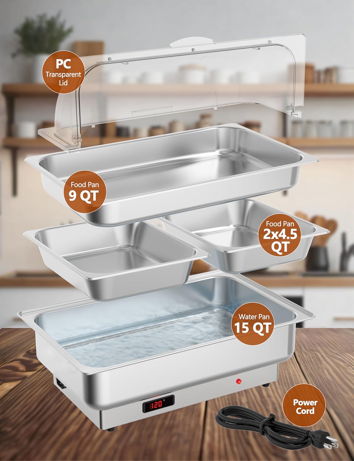 Chafing Dish Electric Buffet Set,9QT Stainless Steel Food Servers and Warmers with 1 Full-Size Pan & 2 Half-Size Pan for Wedding and Parties