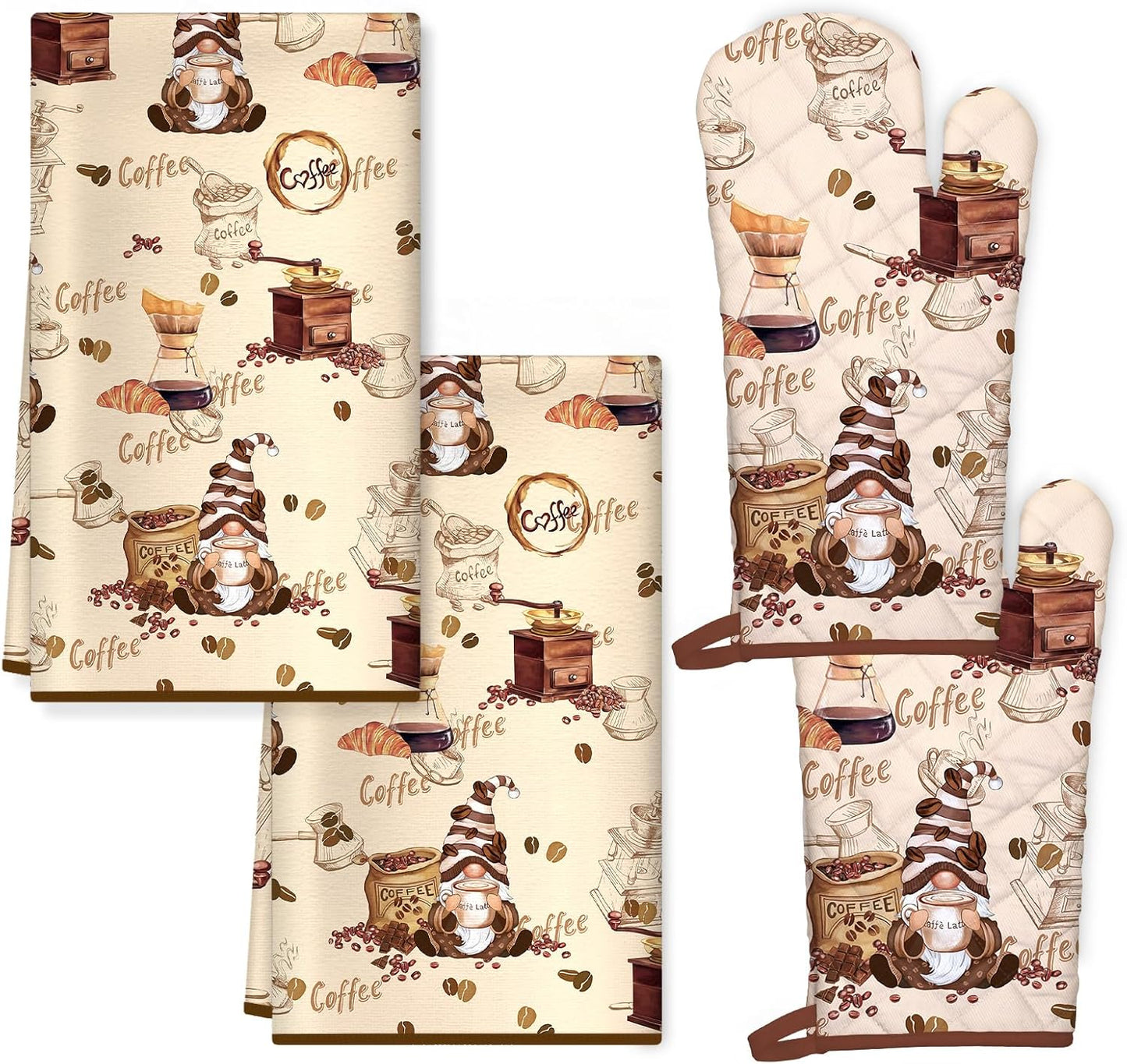 Vintage Coffee Kitchen Towels and Oven Mitts Set 4Pcs, Soft Absorbent Dish Cloth Heat Resistant Oven Gloves for Cooking Baking Kitchen Decoration, Gifts for Her