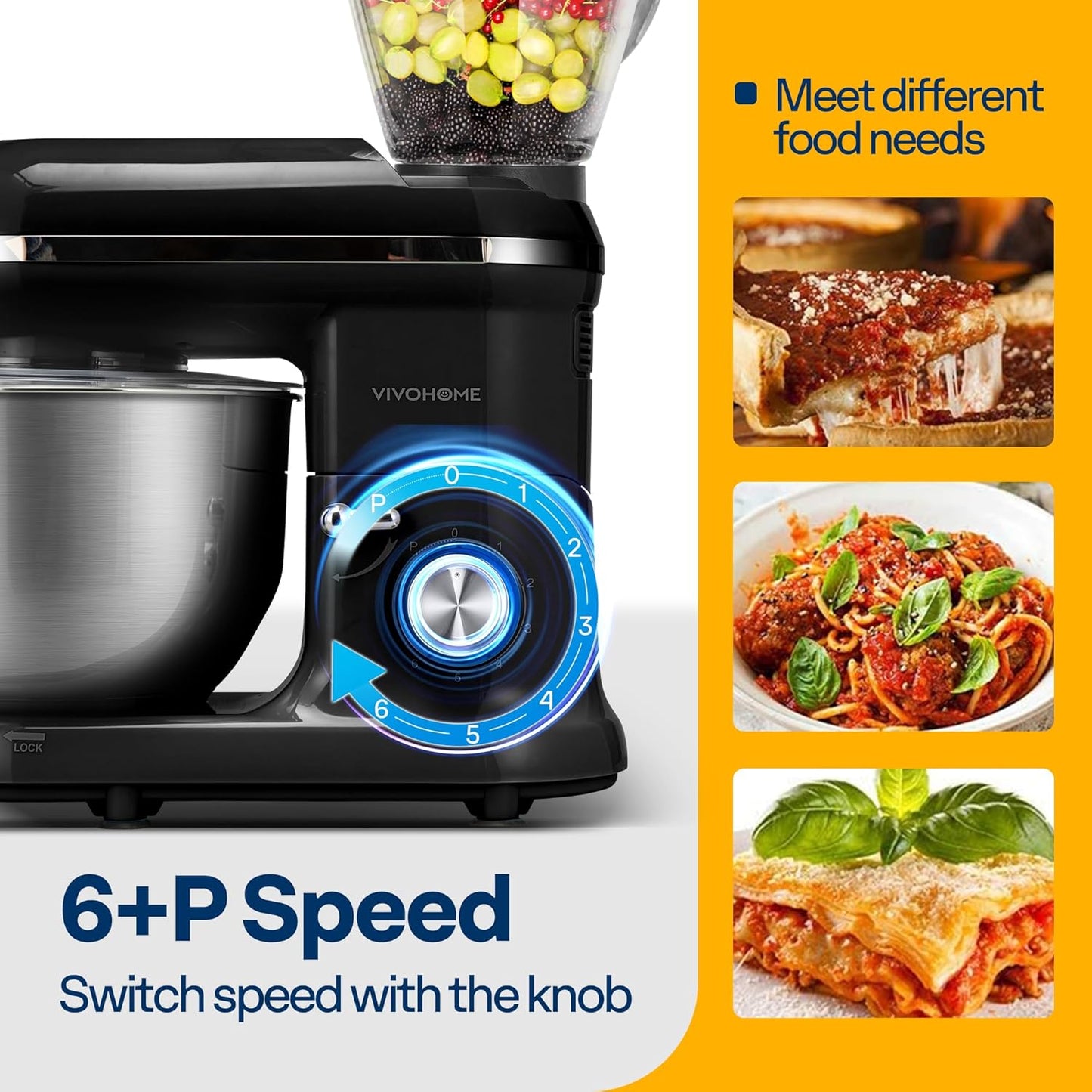 VIVOHOME 3 in 1 Multifunctional Stand Mixer with 6 Quart Stainless Steel Bowl, 650W 6 Speed Tilt-Head Meat Grinder, Juice Blender, Black