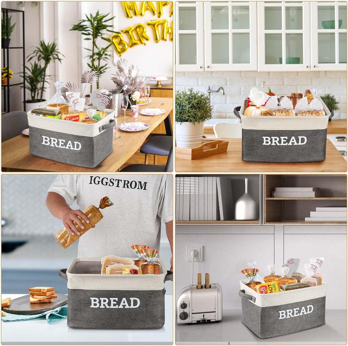Bread Storage Basket for Kitchen, Foldable Fabric Bread Keeper Bread Storage Container Bin with Handles, Bread Baskets for Kitchen Counter and Pantry (White & Grey)