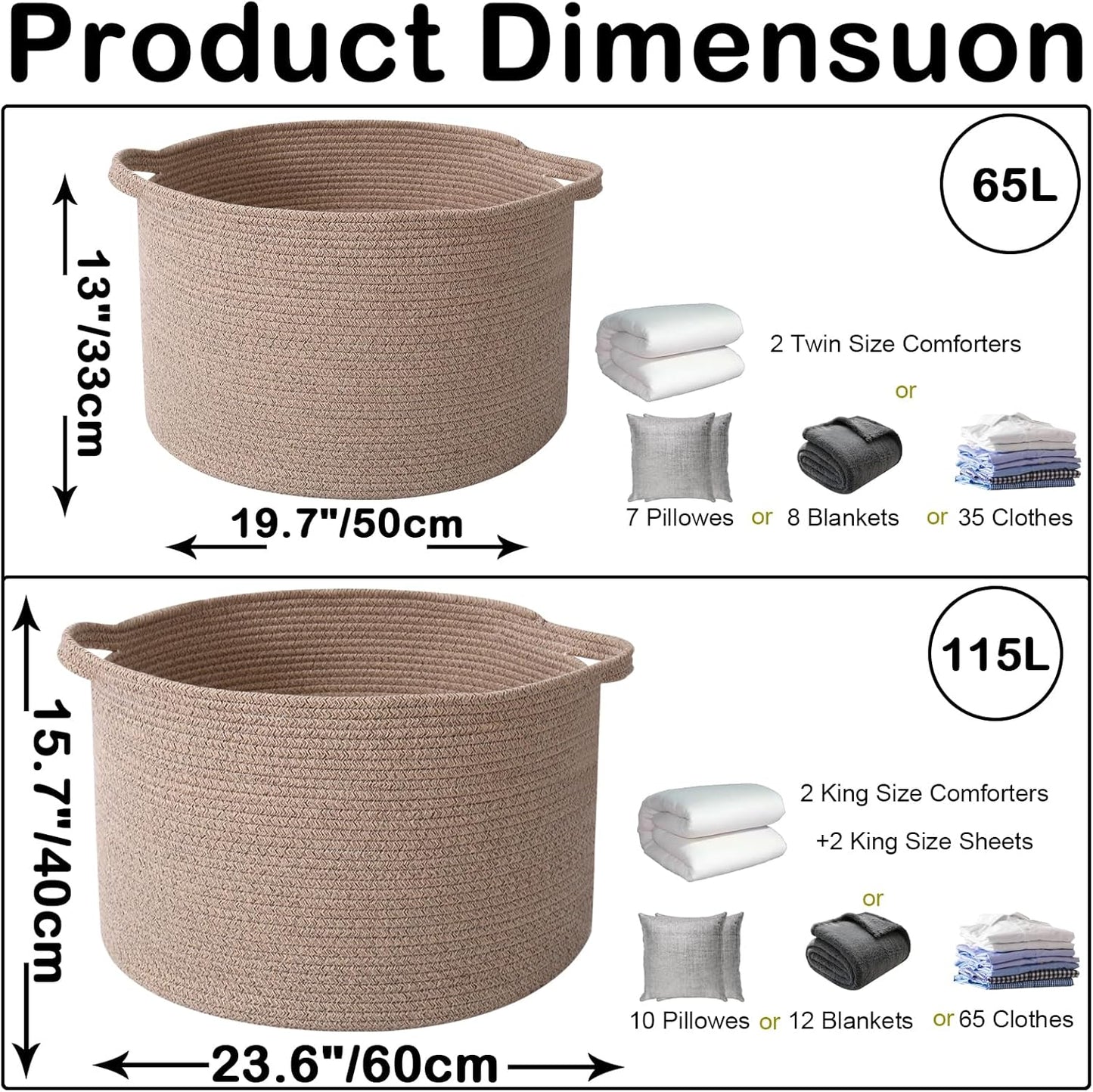 Large Blanket Basket for Organizing,115L Closet Organizers and Storage Bins Box for Shelves Woven Rope Storage Baskets,Living Room,Bedroom,Dorm,Laundry room (Brown)