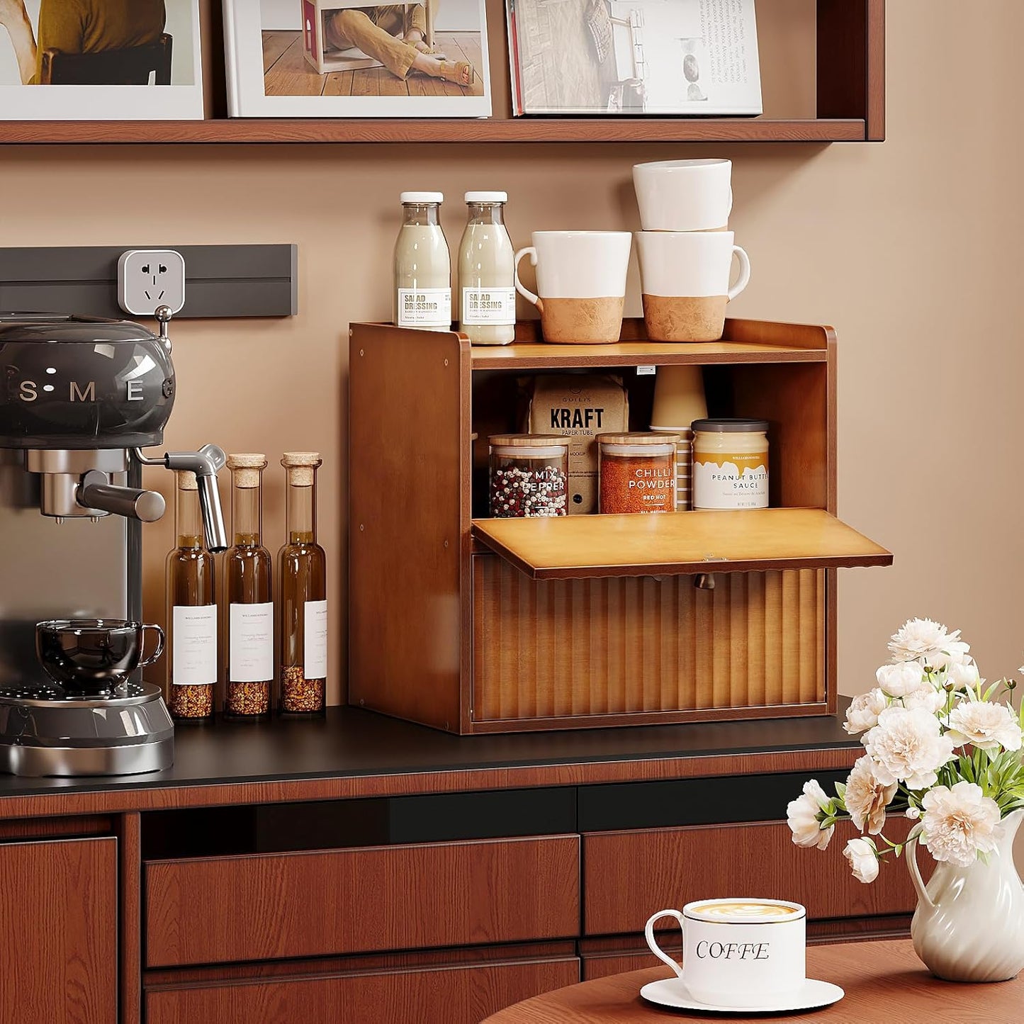 Rustic Bread Box for Kitchen Countertop Bamboo Bread Storage Container Bin Double Layer BreadBox Farmhouse Large Capacity Food Organizer (Brown)