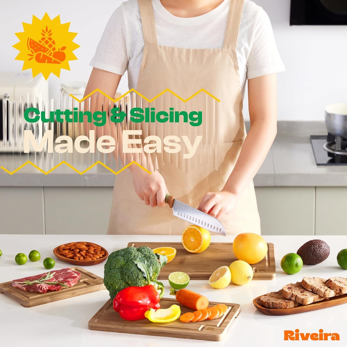 Riveira Brown Bamboo Wood Cutting Board – Gourmet Bamboo Grandeur: 8 x 6 Wooden Cutting Board – Wooden Cutting Boards For Kitchen Decorative – Innovative Juice Grooves Wooden Chopping Board