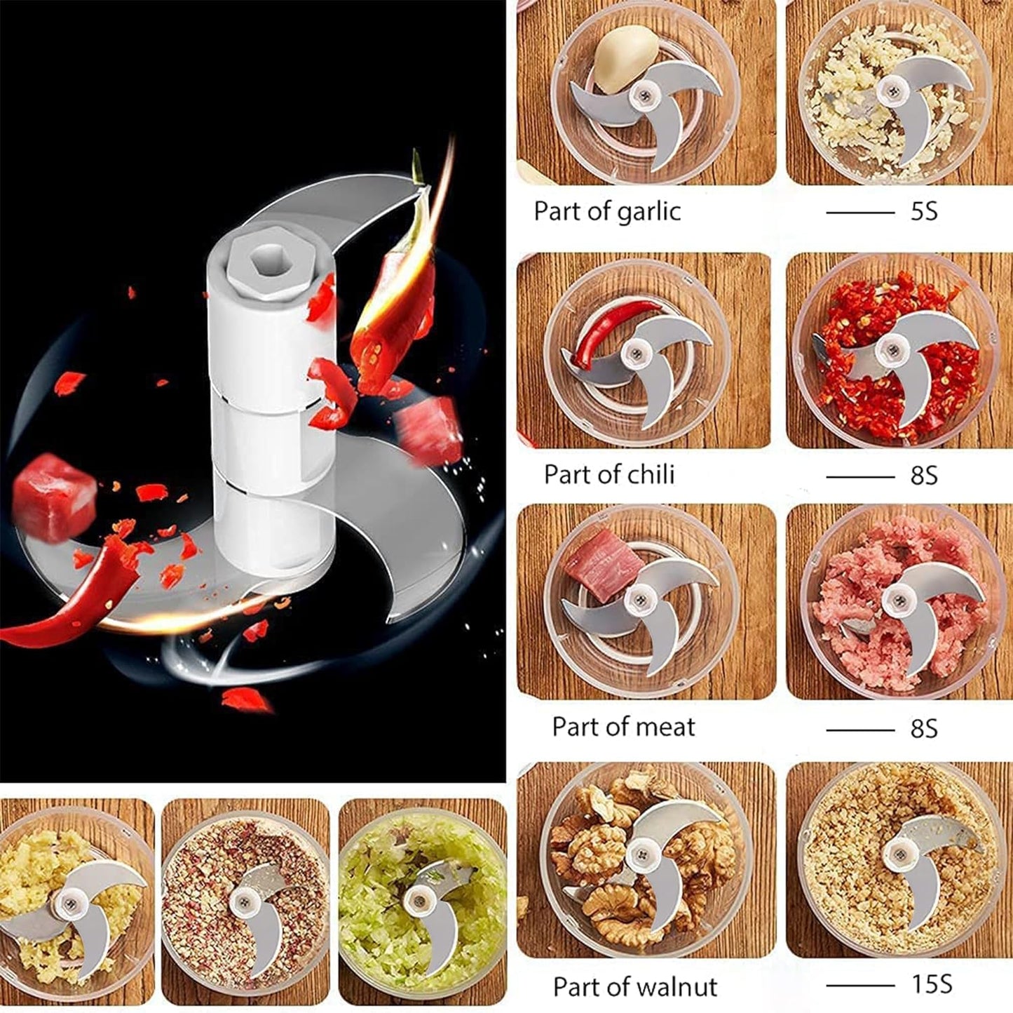 White 3 CUP Electric mini garlic crusher, USB rechargeable portable electric food crusher, wireless small kitchen processor for crushing garlic, ginger, chili, minced meat, onions, etc.(350+250+100ml)