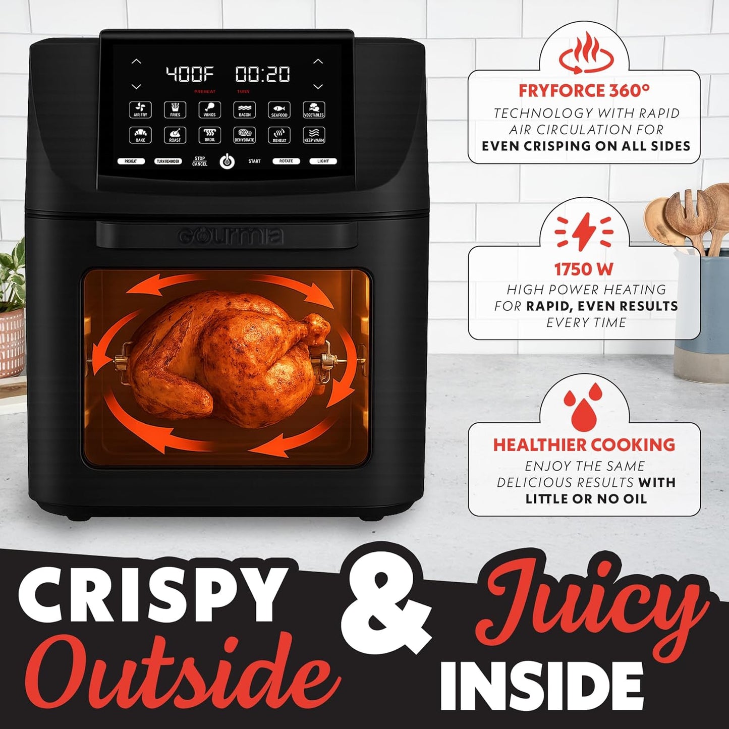 Gourmia Air Fryer Toaster Oven Combo - All-in-One 14-Quart Digital Air Fryer Toaster Oven with Rotisserie & Dehydrator – 12 Presets, Guided Cooking Prompts, 1750W, Dishwasher-Safe Accessories