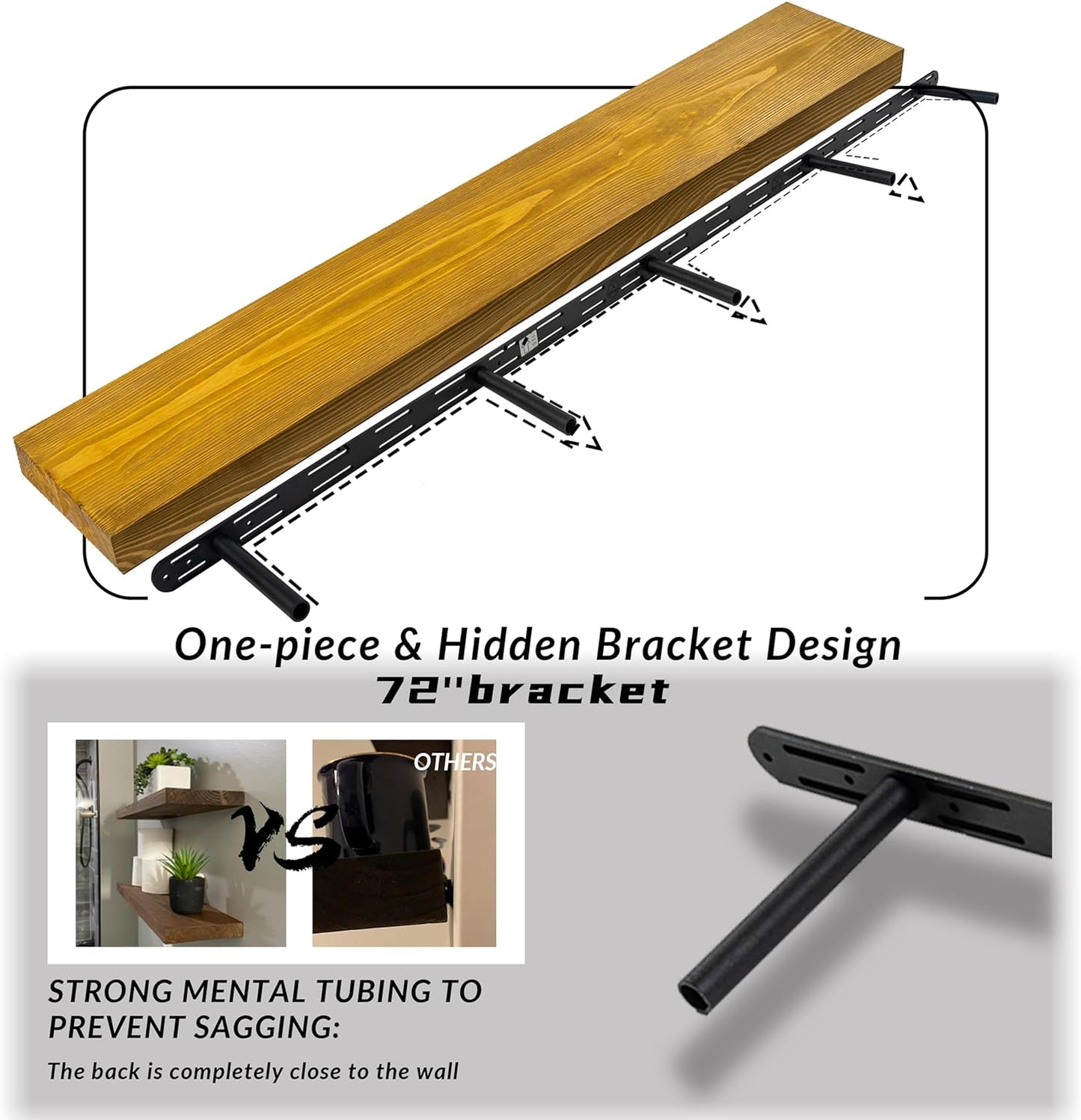 Rustic Floating Shelves 72 inch Long 8 "deep Set of 2, Heavy Duty Wood Wall Mounted Shelves for Bathroom Living Room Kitchen,Book Shelves with Thickened Hidden Bracket- Gold Oak