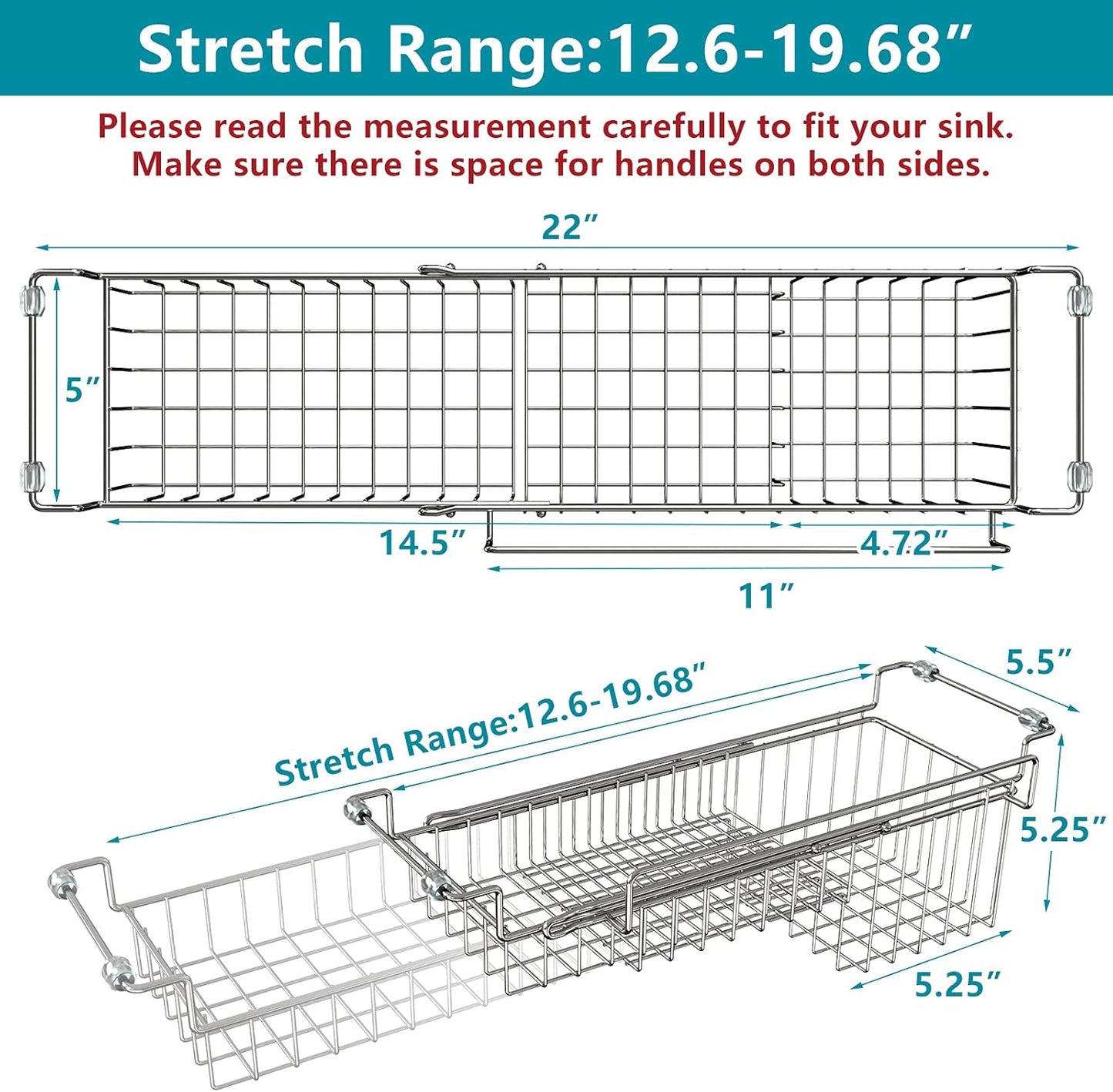 Over The Kitchen Sink Caddy Sponge Holder Organizer Drying Rack Expandable for Sponge Brush Soap Dish Cloth Rag 14.5" to 22", Stainless Steel