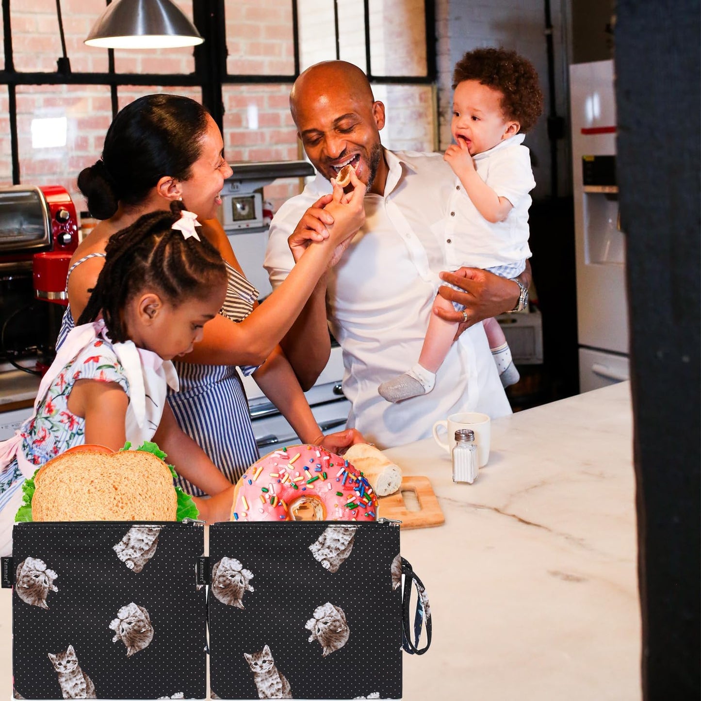 Reusable Sandwich Bag/Snack Bag for Kids & Adults, Dual Layer Lunch Bag with Handle, Washable, Food Safe, BPA Free (2-Pack, Dot&Cat)