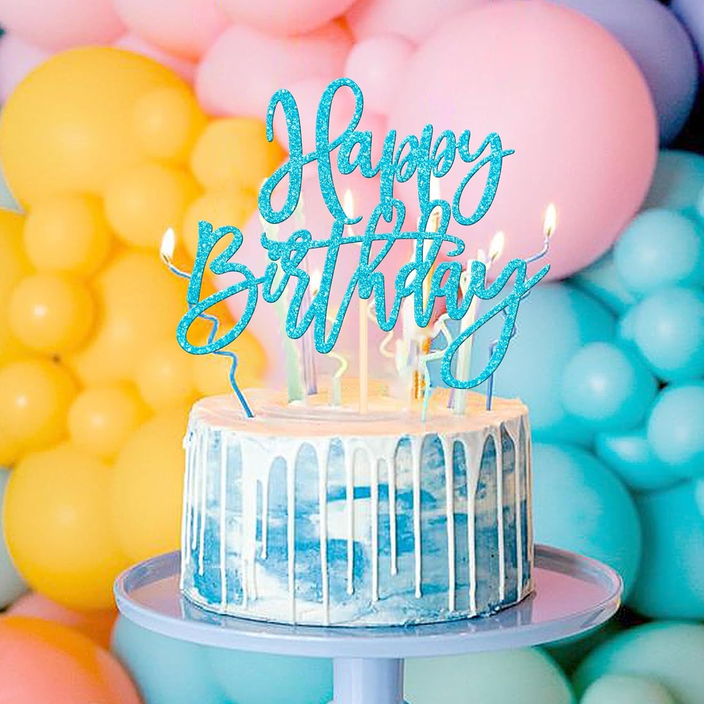 ZHUOWEISM 1 PCS Happy Birthday Cake Topper Glitter Happy Birthday Cake Pick for Celebrating Happy Birthday Anniversary Theme Party Cake Decorations Supplies Light Blue