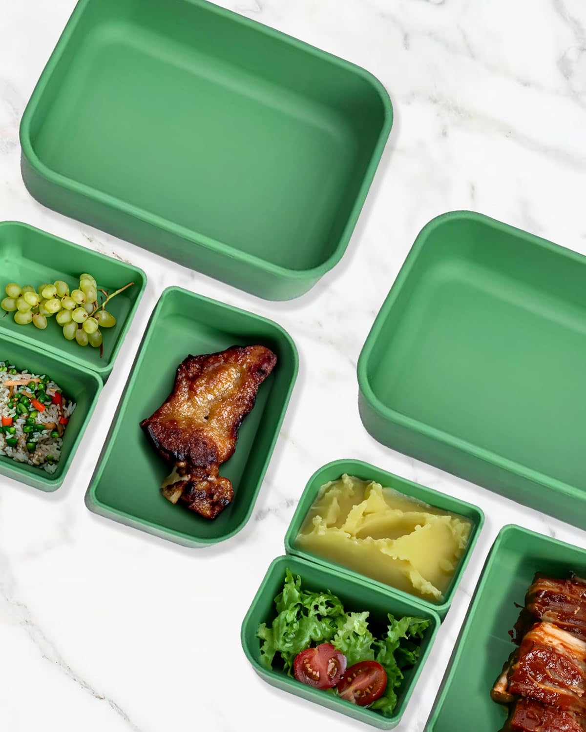 Platinum Silicone Bento Lunch Box Set of 2 – 3 Compartments, Leakproof, Versatile, Durable, Microwave & Freezer Safe, Meal Prep Container, Food Storage for All Ages (Watermelon Green)