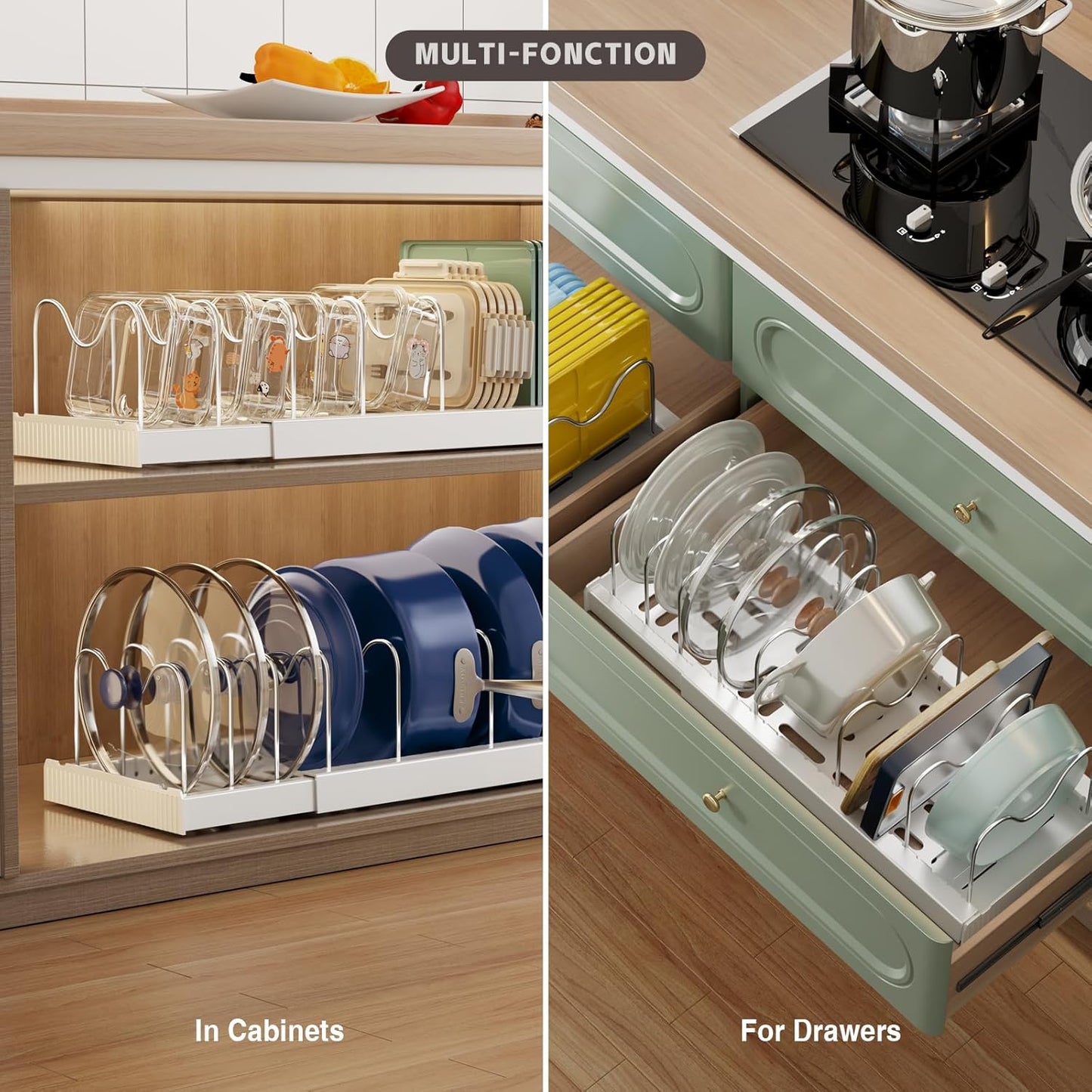 2 Pack Expandable Food Storage Container Lid Organizers, 22" Pots and Pans Organizer Under Cabinet with 9 Adjustable Dividers Pot and Pan Lid Holders Rack Inside Cabinet(White)