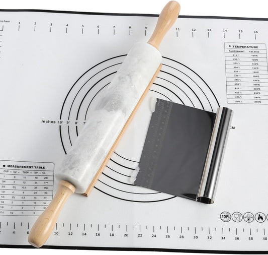 Koville African Natural Marble Rolling Pin, Non-Stick Polished Dough Roller, Pasta, Dumpling, Fondant, Pie Crust, Bread, Pizza Dough, Kitchen Baking Pastry Tools with Mat/Scraper(Grigio Fantasy)