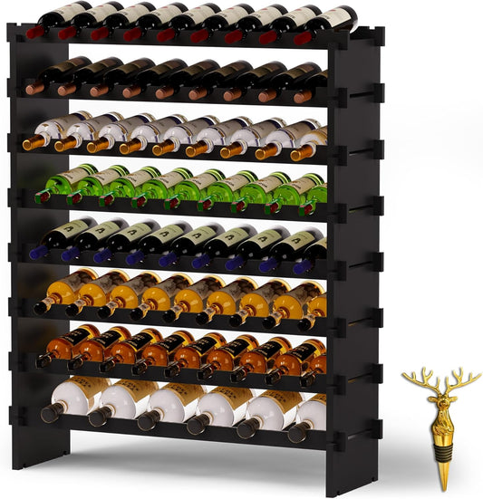 Wine Rack Freestanding Floor, Bamboo 8-Tier 69 Wine Bottle Holder Racks Countertop Cabinet Display, Wooden Stackable Modular Wine Storage Organizer Shelves for Kitchen Bar Cellar Dining Room Black